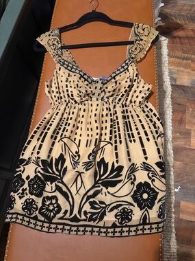 Hale Bob Beige and Black Printed Ruffle Strap Blouse